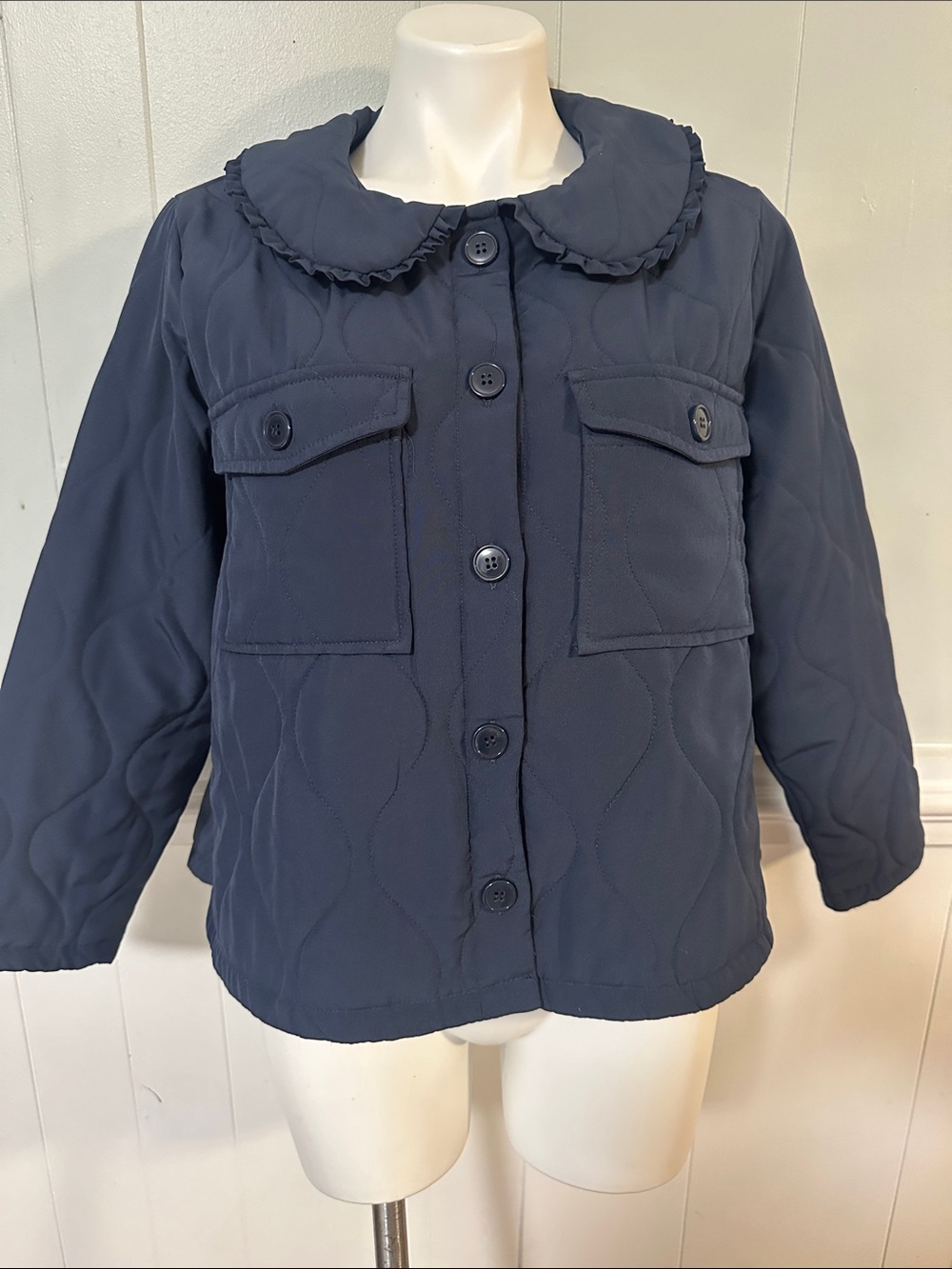 Girls' Navy Quilted Button-Front Puffer Jacket with Ruffle Collar